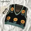 Vintage Sunflower Women Crop Vest Sleeveless Chic Fashion Knitted Vests Korean Outwear Tops Drop Autumn Winter 210601