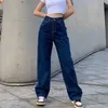 Retro blauwe vrouw jeans causale losse baggy hoge taille magere zakken cargo broek rits knop wijde pijpen jeans mujer pantalones 211111