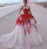 Red And White Tiered Tulle Ball Gown Wedding Dress 2021 Vintage Said Mhamad Sexy Sweetheart Backless Quinceanera Princess Bridal Gowns Plus Size Arabic AL9292