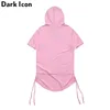 Elongated Curved Hem Men's T-shirt with Hoodie Summer Side String Blank Hip Hop Tshirt Short Sleeve Black Pink 210603