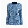 Twotyle vintage blå denim jacka med bälte midja rippade hål kvinnor kappa höst långärmade fickor streetwear 211109