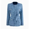 Twotyle Vintage Blue Denim Jacket avec ceinture taille déchiré trou femmes manteau automne manches longues poches streetwear 211109