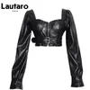 Lautaro Y2k Black Faux Leather Crop Top Women Square Neck Long Sleeve Zipper Cropped Jacket Plus Size Sexy Backless Fashion 211007