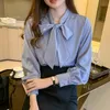 2021 Spring Fashion Coréen Tops Satin Chemisier Chemisier Femmes Lâche Chemise à manches longues Blanc Bleu Office Lady Vêtements avec Bow 10691 210225