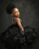 2021 Cute Black Princess Girls Pageant Dresses Velvet Bow Crystal Beads Kids Wedding Flower Girl Dress Communion Gowns Ruffles Tiered Knee Length Criss Cross Back