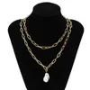 NK-1138 New Arrival Baroque Pearl Chain Pendant Necklace Women Vintage Multilayer Gold Cross Chain Necklace Set