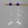 Inatur 925 Sterling Silver Lapis Lazuli Space Astronaut Long Tassel Drop Earrings För Kvinnor Mode Smycken 210625