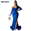 Cm.Yaya Höst Vinter Kvinnor Av Skulder Plungung V-Neck High Side Split Mermaid Maxi Dress Sexy Night Party Club Långa Klänningar 211206