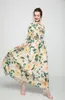 Women's Runway Dresses O Neck Long Sleeves Printed Ruched Printed Maxi Dress with Scarf