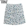 Trafik Kvinnor Chic Fashion Floral Print Draped Mini Skirt Vintage High Waist Back Zipper Kvinna Kjolar Casual Faldas Mujer 210721