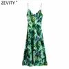 Zevity Kobiety Tropikalne Zielone Liście Drukuj Sukienka Wewnętrzna Sling Sukienka Kobieta Spaghetti Pasek Side Split Vestidos Chic Sukienki Letnie DS8278 210603