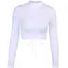 Schwarze sexy Frauen rückenfreie Bandage aushöhlen Crop Tops Herbst O-Ausschnitt Langarm abgeschnitten Casual Lady Bodycon T-Shirt Blanc Femme 210604