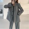 HziriP Grau 2 Stück Sets Gerade Lose Hosen Büro Uniform Chic Herbst Business Anzüge Femme Elegante Formale OL Dünne Blazer 220315