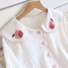 Dock Collar Spring Women Cute Cartoon Peach Print Pyjamas Set 100% Gaze Bomull Full-Sleeve 2pcs Sleepwear Casual Wear 211211