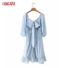 Tangada Summer Women French Style Blue Off Ramię Dress Backless Puff Sleeve Damska Sundress 4T65 210609