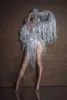 Niglub Prom Silver Sequin Tassel Jumpsuit Femmes Sexy Stretch Deep V Long Franges Party Body DJ Singer Dance Stage Justaucorps 210720