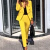 Two-Piece Casual Suit Fashion Women Solid Color Button Long Sleeve Trousers Ladies Business