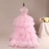 Fancy Flower Girl Dress with Train Children Show Performance Costume Kids Long Mermaid Tulle Pink Gowns Boutique Clothes 210303