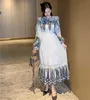 spring autumn fashion women High Quality Ruffles Embroidery Dress White Polka dot Waist Vintage 210531