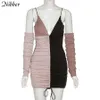 Nibber Sexy Strapless Splicing Long Sleeve Slim Simple Deep V-neck Sling Dress 2021Spring Autumn Casual Fashion Street Women's Y0726