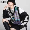 [EAM] Women Irregular Contrast Color Leopard Loose Knitting Vest V-collar Sleeveless Fashion Spring Autumn 1DD3875 211008