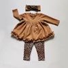Outono inverno criança crianças bebê meninas roupas tracksuit conjuntos plisse manga longa tops leopard calças headwear outfits 211021