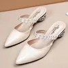 Slippers Blue Pu Leather Rhinestone Womens Slides Elegant Pointed Mules Slip-on Low-Heel Comfortable Dress Shoes Summer Non-Slip