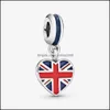 Charms Risultati dei gioielli Componenti Arrivo 925 Sterling Sier British Union Jack Flag Heart Ciondola Charm Fit Bracciale europeo originale Fas