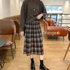 여성 격자 무늬 스커트 겨울 따뜻한 양모 높은 허리 주름 치마 하라주쿠 학생 소녀 Kawaii Long Skirts 한국어 Saia MIDI 210311