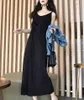 Black Summer Women Long Dress Sexy V-Neck Spaghetti Strap Ruched Spilt Out Midi Female Dresses Vestidos W156 210526