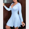 Casual Dresses Spring Auyumn Dress Women Solid V Neck Pleated Vintage Robe Femme Elegant Long Sleeve Party Office Midi Plus Size