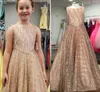 2021 Bling Tül Gül Pembe Çiçek Kız Elbise Düğün Boncuklu Kemer Için Jewel Cap Kol Parti Pageant Elbise Çocuklar Örgün Abiye giyim Toddle
