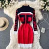 SINGREINY Herbst Brief Drucken Gestrickte Kleid Weibliche Retro Elastische Dünne Mantel Kleider 2021 Neue Winter Warme Bodycon Pullover Kleid G1214