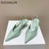 SUOJIALUN Fashion Brand Thin Heel Women Sandals Shoes Ladies Elegant Pointed Toe Slingback Sandals Slip On Mule Party Dress Shoe K78