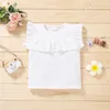 Barnkläder Tjejer Blank Pure Bomull T-shirts Tees Barn Ruffle Ärm Solid Färg Toppar Sommar Mode Koreansk Version Baby Kläder