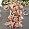 Spring Round Neck Slim Printed Chiffon Holiday A-Line Dress Kvinnor Långärmad Elegant Kläder Koreanska Vestido de Mujer Q789 210527