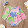 Ins Tie Dye Pon Pom Baby Girls Romper Clothing Suit for Toddler Infant Bebe Long Sleeve Onesie and Headband 2pcs Clothes Set 210529