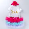 Mode baby flicka 1: a födelsedag livliga romper kjolar 0-24 månad nyfödd spädbarn prinsessa klänning bomull romper+tyll tutu kjol+pannband = 3 st/set
