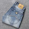 Italiensk stil mode män jeans retro blå broderi förstörda rippade denim shorts patches designer hip hop kort lmmk