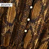 Zevity Women Sexy Stand Collar Snake Skin Skin Skin Print Hem Ruffles Pleated Mini Dressemy Female Front Hole Long Sleeve Vestido DS4625 210311