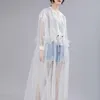 Women's Trench Coats White Mesh Drawstring Plus Size Windbreaker Women Fashion 2022 Spring Autumn Stand Collar Long Sleeve Coat