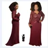 2022 Plus Size Mother Of The Bride Dresses Burgundy Lace Long Sleeves Sash V Neck Red Carpet Formal Wedding Party Gowns madrinha