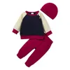 3 шт. Детская осень одежда набор малышей девушки мальчики Splice Цвета пуловер толстовки Топы + брюки шляпные наряды младенческие хлопковые наряды новорожденные 0-24 м