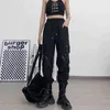 Qwek techwear gótico cargas pretas calças mulheres punk streetwear hip hop showejuku fita de cintura alta calças femininas soltas 211105