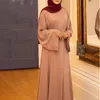 캐주얼 드레스 여성 터키 아랍 무슬림 Eid Abaya Dubai Maxi 드레스 플레어 긴 슬리브 단색 이슬람 kaftan hijab 넥타이 허리 Ro275k