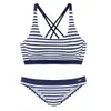 女性の縞模様の2ピースビキニスポーツ水着ホルターベスト水着セクシーなビキニセット夏のビーチ入浴スーツビーチウェアS~2XLX0523