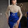 2022 Prom Dresses Party Dress Formal Evening Gowns Sexy Bling Royal Blue Split Sheath High Neck Long Sleeves Crystal Beading Side Split