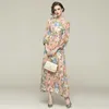 Women Spring Designer Elegant Chiffon Print Floral Lantern Sleeve Wedding Party Robe Ladies Vintage Pleated Maxi Dress Vestidos 210525