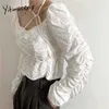 Yitimuceng Ruched Blouse Женщины Bandage Голые Рубашки на плечо Слованные Рукава Униколярная Белая Одежда Лето Корейский Модные Топы 210601