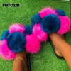 Summer Women Fur Slippers Pom ry Slides Ladies Cute Ball Flip Flops Fluffy Faux Sandals Outdoor Rainbow Shoes H1122